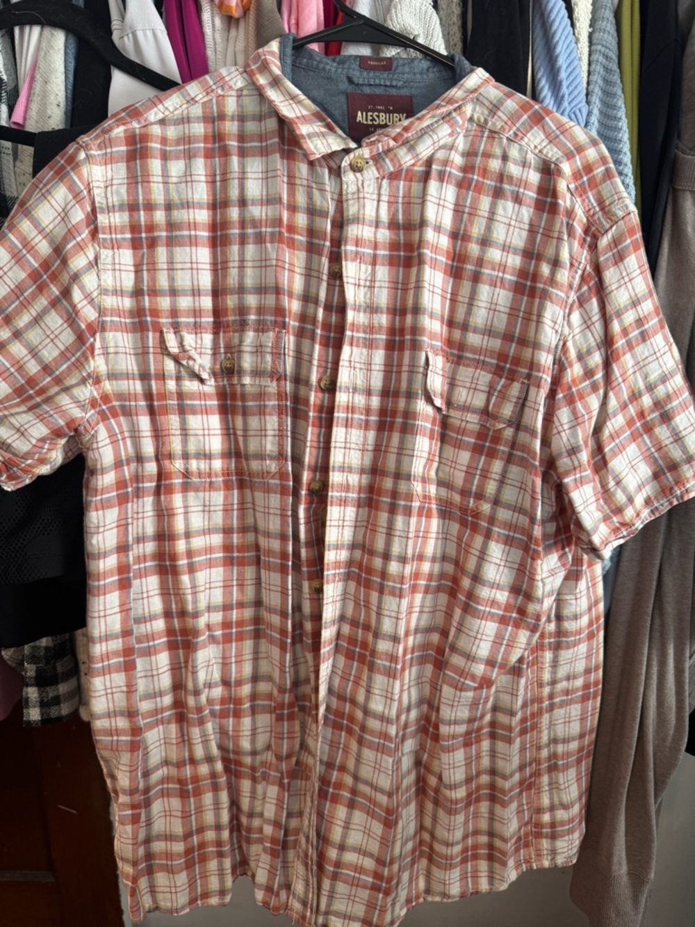 Men's Short-Sleeve Rust Plaid Button-Up Shirt